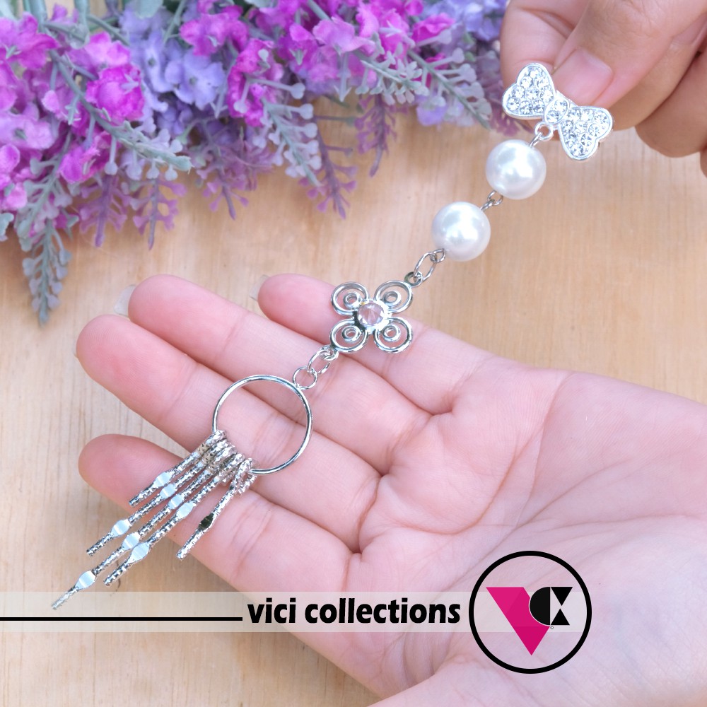 Bros Panjang Dagu Juntai Hijab Jilbab Pesta Silver Mutiara Juntai Rumbai Mewah BSP114