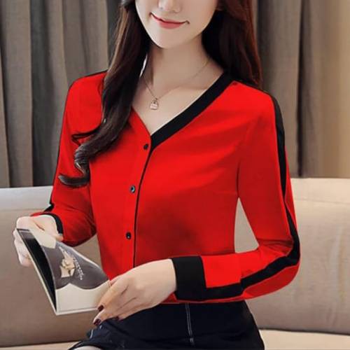 Blouse Wanita Korea Style Kekinian Baju Atasan Wanita Lengan Panjang Putih Merah Moscrepe Kancing Hidup Blus Wanita Kekinian BL30-1