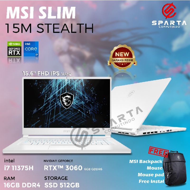 Laptop MSI Slim 15M Stealth Core i7 Gen 11 Ram 16 GB SSD 512 GB RTX 3060 6 GB Win 10 White New