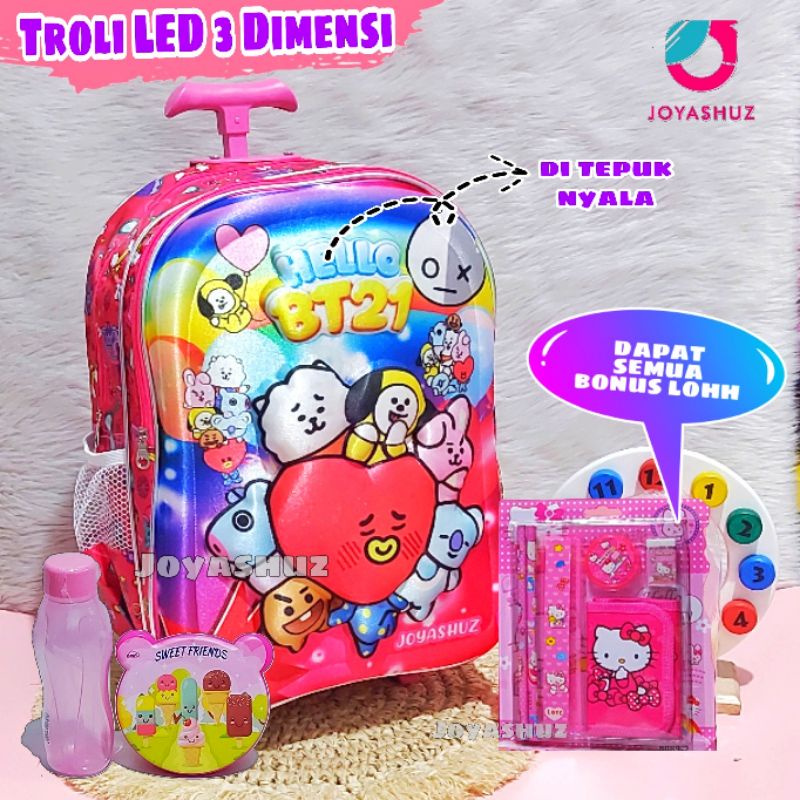 Tas Troli Anak Bisa Ransel BT 3D LED Anak SD Berbonus - Ransel Troli Timbul LED - Tas Sekolah Anak SD Troli Karakter - Tas Dorong Anak Perempuan SD Gratis Botol Dan Misting - Tas Sekolah Anak Perempuan Karakter Lucu - Joyashuz