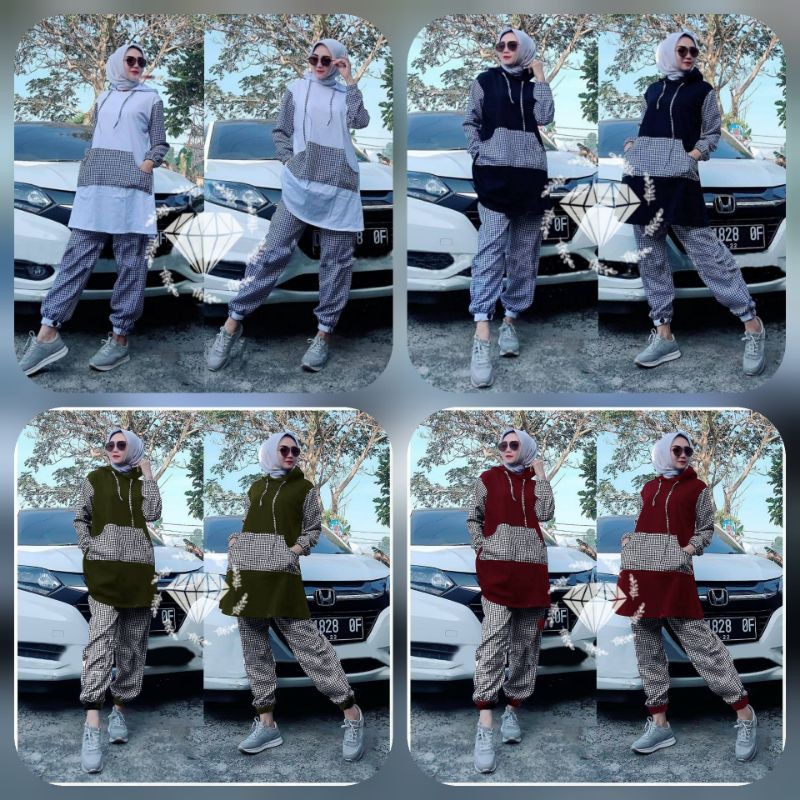 SET TRINITY FASHION PAKAIAN WANITA SETELAN ATASAN TUNIK HOODIE DAN CELANA MS ADA VIDEO REAL PICT