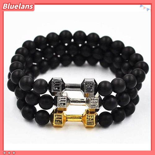 [BLS] Gelang Fashion Unisex: Model Punk Barbel Gym Fitnes Bahan Batu Warna Hitam Matte Ukuran Dapat Diatur