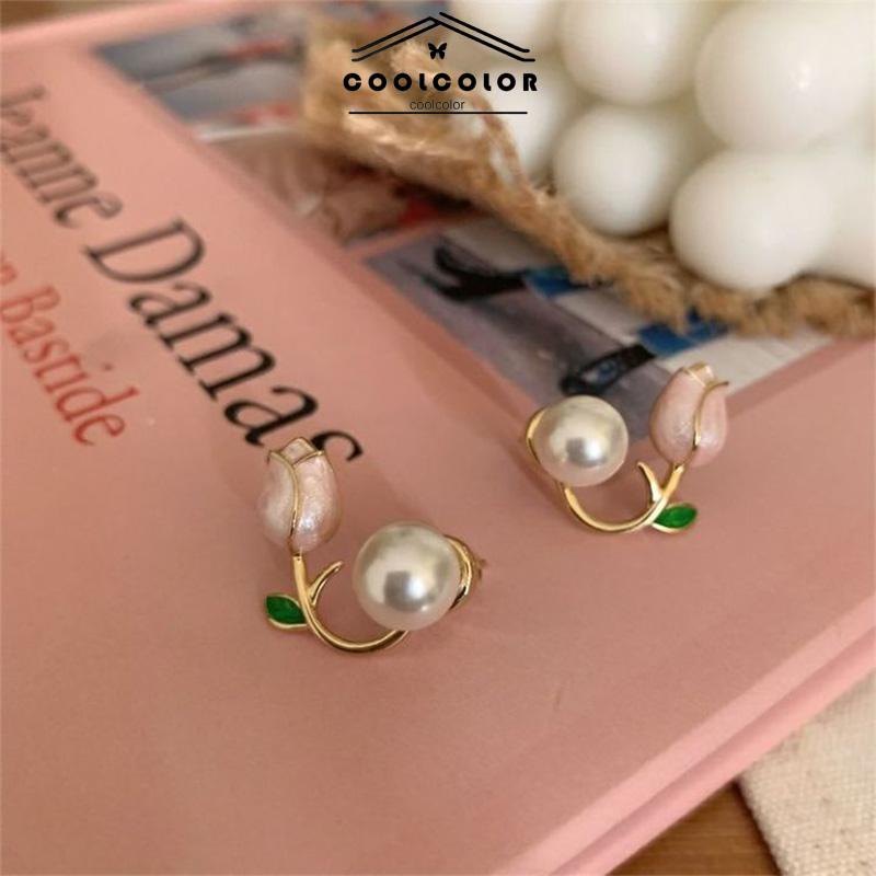 COD❤️Anting Hiasan Mutiara Imitasi Bunga Tulip Temperamen Modis Manis Aksesoris Fashion Wanita Perhiasan Fashion Simple Murah