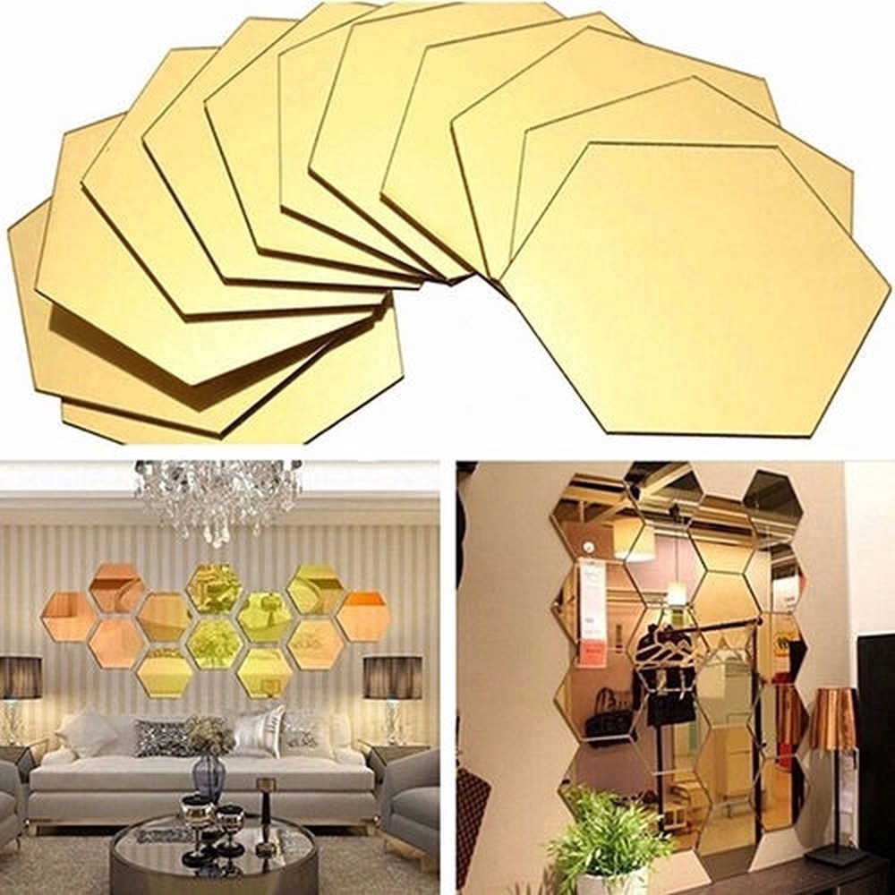 12pcs 3D Cermin Stiker Dinding Bentuk Hexagon Acrylic Removable Wall Sticker Decal DIY Dekorasi Rumah Seni Cermin Ornamen