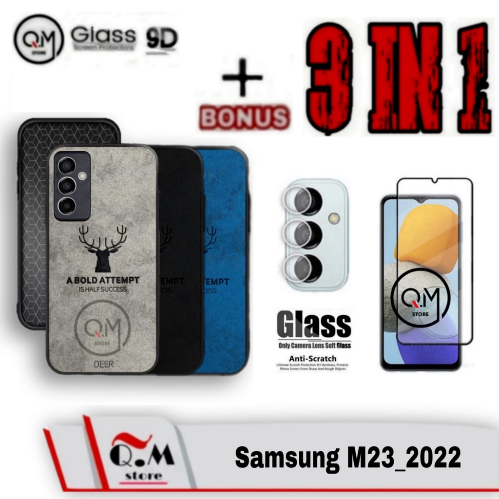 Paket 3 in1 Case Samsung M23 / Samsung A23 2022 Softcase Deer Pelindung Back Cover Bonus Tempered Glass Layar Plus Lensa Camera Belakang