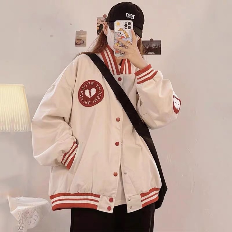 [ready stock] basic baseball jacket | atasan outer motif hati gaya korea keren fashion korean style