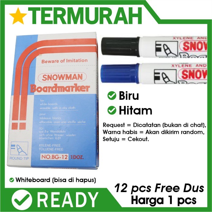 

spidol SNOWMAN whiteboard bisa dihapus hitam biru papan tulis