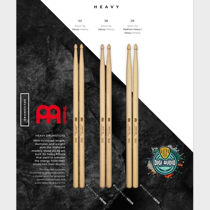Stick Drum Meinl Heavy 5A 5B 2B Oval Tip - Hickory Wood Drumstick Stik