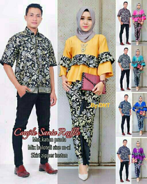 Sarimbit Batik Anggun Couple Sania Mawar ruffle - Warna Ungu, Tosca, pink, Biru, Kuning - M L XL