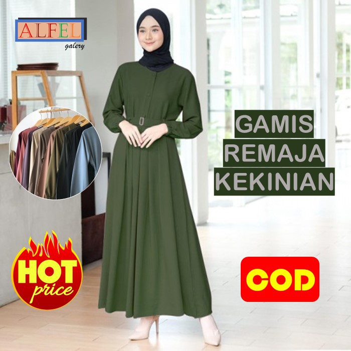 Baju Gamis Terbaru Remaja Wanita Kekinian Modern Murah Syari Polos Warna Army Hijau Muda Armi