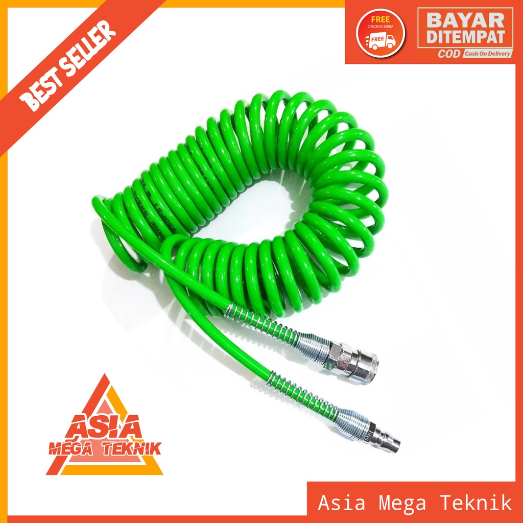 PAKET HEMAT Selang Kompresor Spiral isian angin Recoil Hose selang PU kompresor 6 m 9 m 12 m dan Inflator 3 in 1 Alat Isian Ban