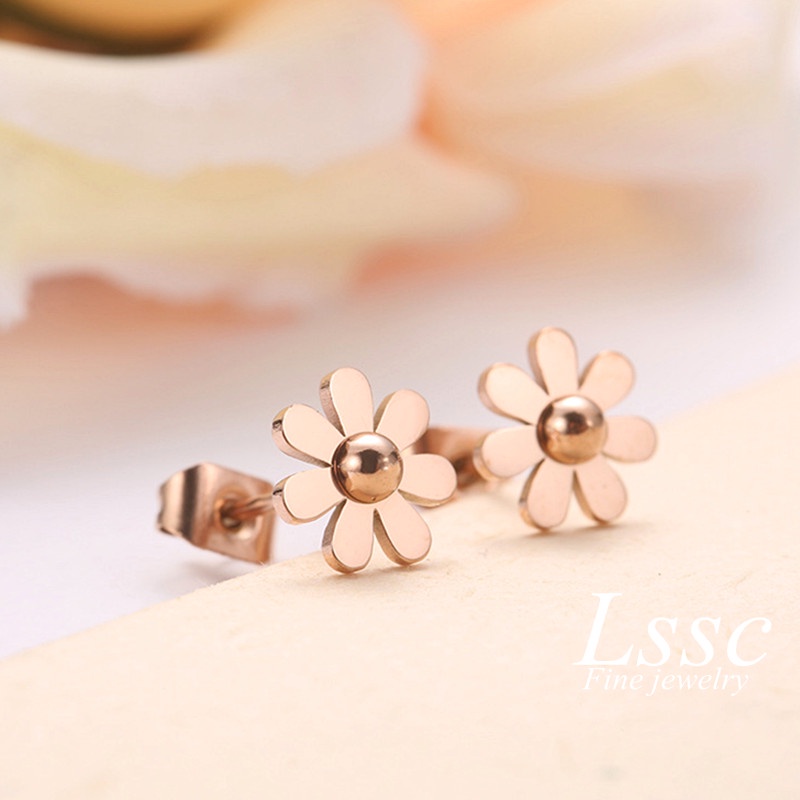 Anting Titanium Bunga Daisy Anting Tusuk Anti Karat Perhiasan Wanita Fahion Korea