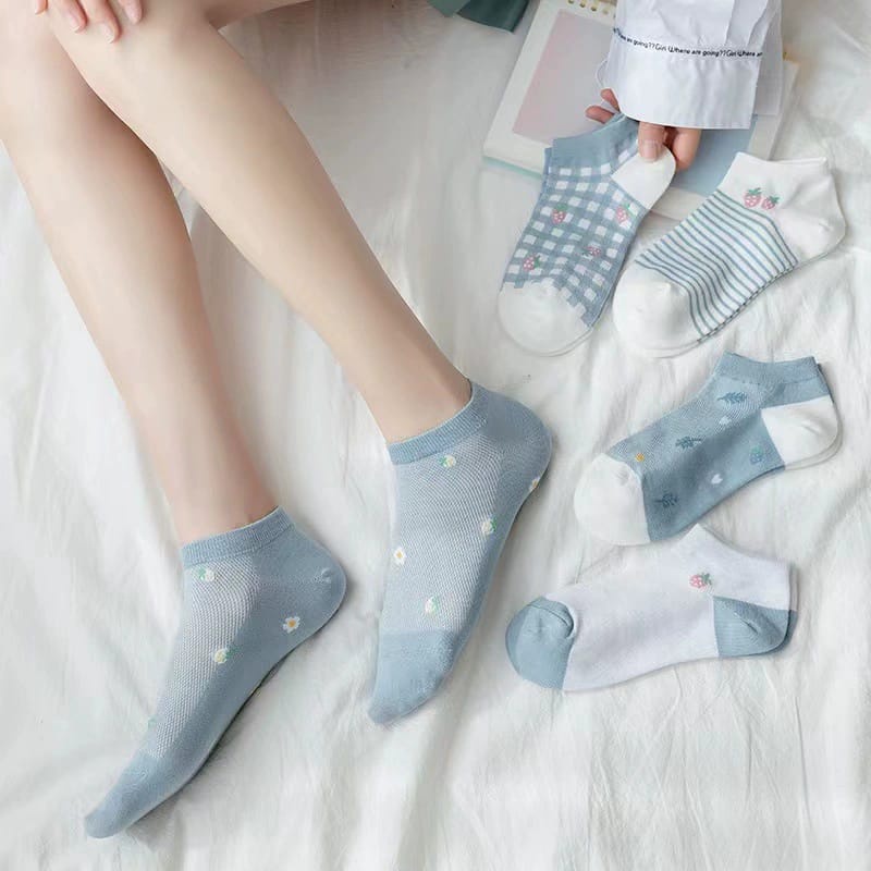 Gobra ♕ KK041 Kaos Kaki (Tanpa Kemasan) Wanita Tipis Pendek Semata Kaki Motif Blue Doggie Love Fashion Korea Women Sock Import Murah