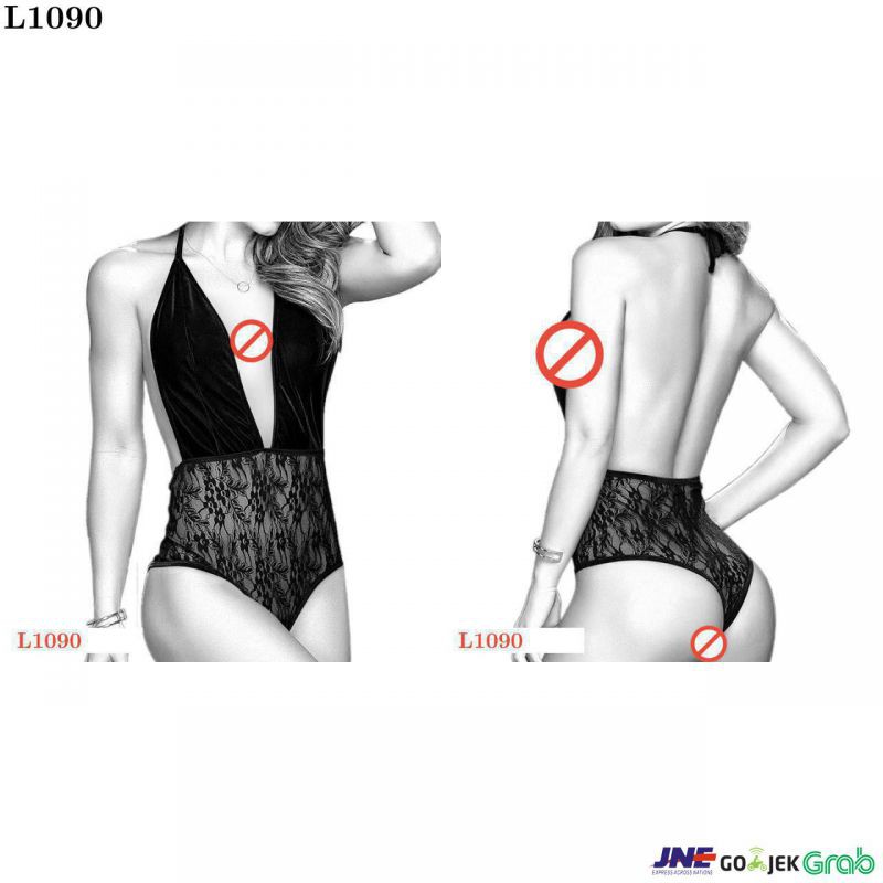 Lingerie Teddy Halterneck Hitam Bawah Transparan, Belahan Dada Rendah