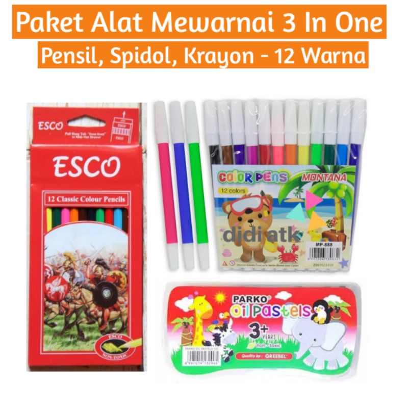 

Paket Alat Melukis & Mewarnai 3 In 1 Pensil Warna Spidol Krayon 1 Set