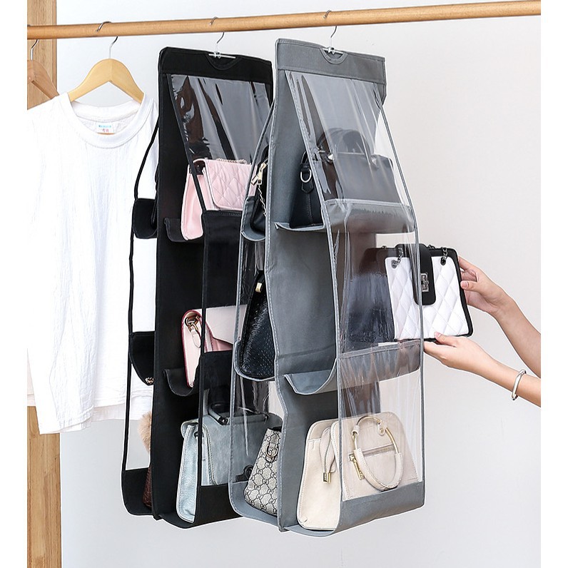 Rak Tas 6 Sekat Gantungan Tempat Penyimpanan Serbaguna Hanging Bag Organizer 6 Pocket Susun Anti Debu Storage Mika Transparant