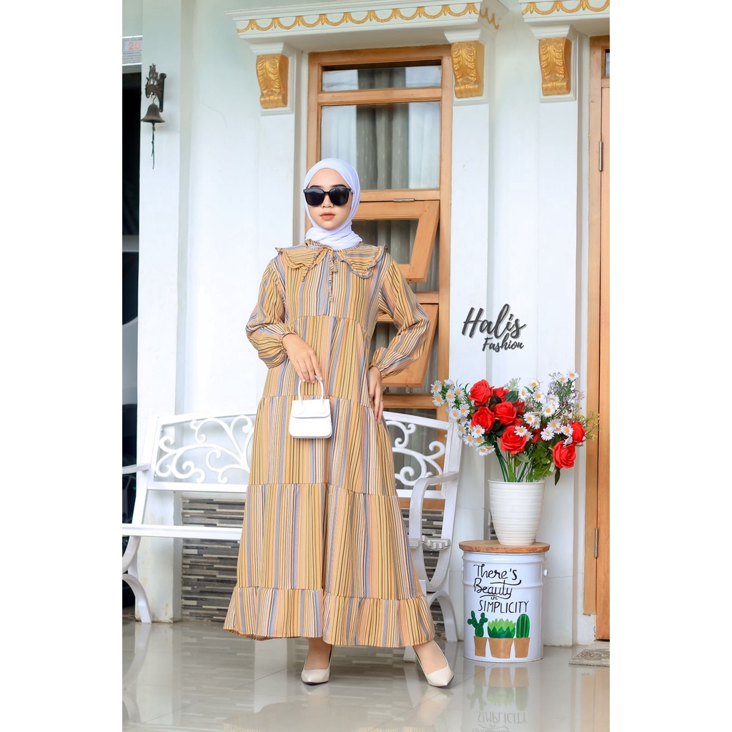 MIDI DRESS KATUN SHAKILA ABSTRAK SALUR POLKA ORIGINAL HALIS FASHION busana muslim baju wanita dress syari kajep maxidress gaun pesta