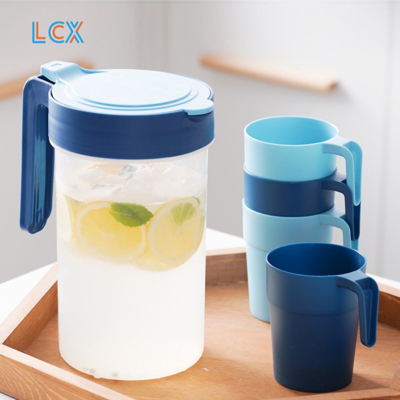 LCX Teko Plastik Dengan 4 Cangkir Air Teh Kopi Wadah BPA Free Gelas Set VS-33