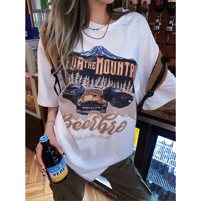 kaos wanita/lengan pendek oversize printing t-shirt/letter hiphop loose putih kaos