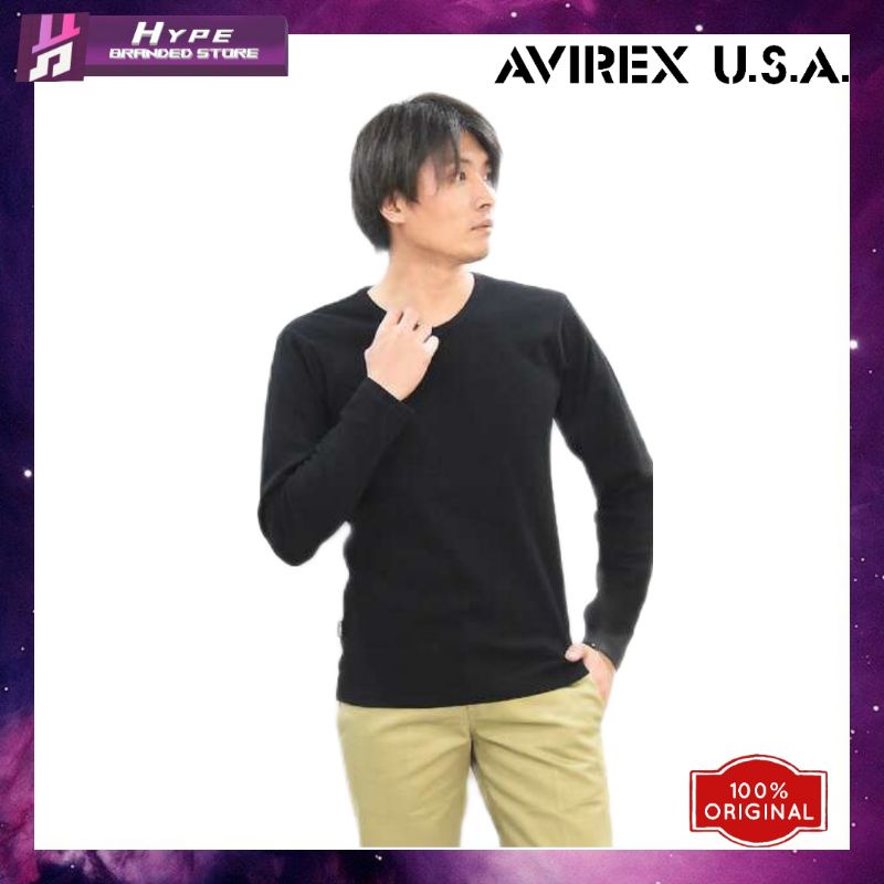 Kaos Polos Pria Tangan Panjang Avirex USA Hitam