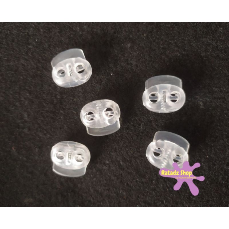 Stopper compo dua lubang bening, stopper tali masker