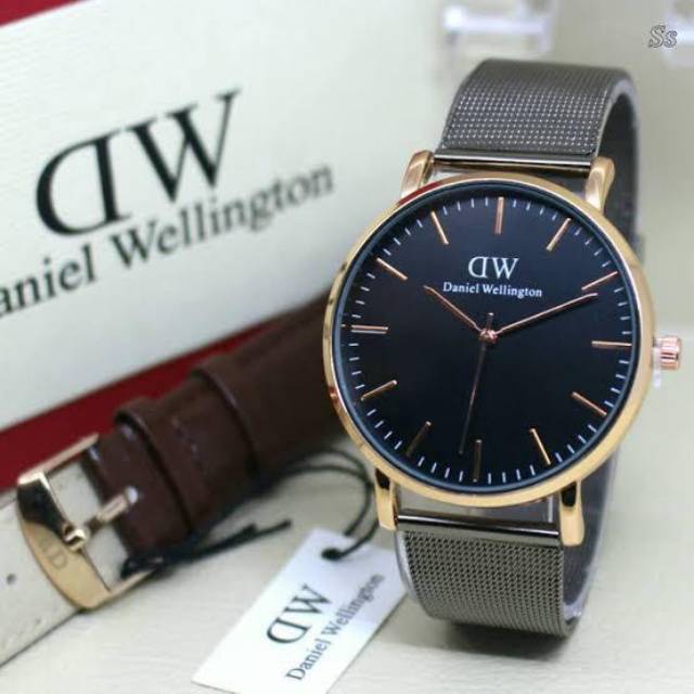 DW- Jam Tangan Pria Casual- Strap Rantai pasir + Tali Kulit & Tali Kanvas (Black Gold)