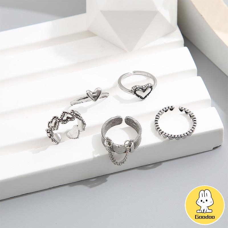 5pcs / Set Cincin Jari Telunjuk Model Terbuka Desain Hati Hollow Gaya Retro -Doo