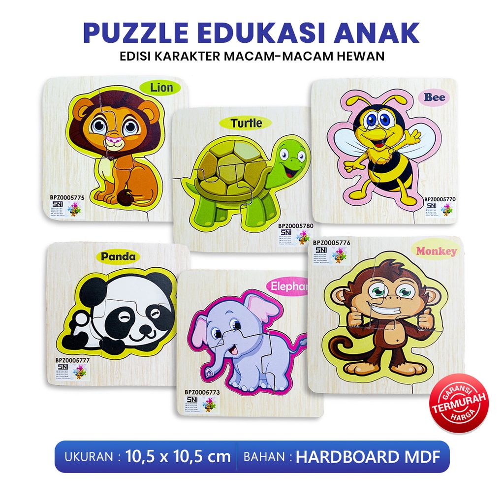 Puzzle Edukasi Anak / Puzzle Kayu / Puzzle Anak Seri Hewan Lion Turtle Bee panda Elephant Monkey Ukuran 10 Bahan MDF