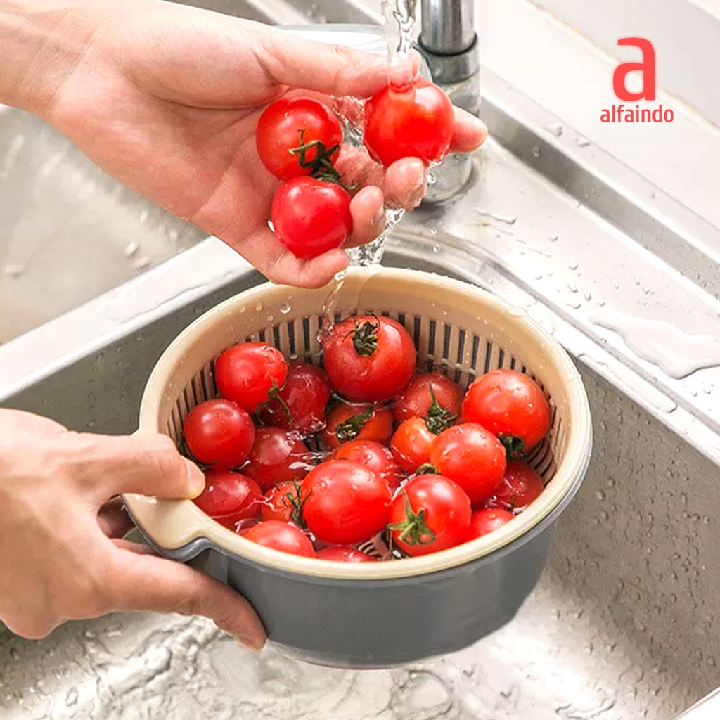 Tempat Penyimpanan Makanan Plastik Dapur 2 Lapis Baskom Pengering Buah dan Sayuran - BCS001