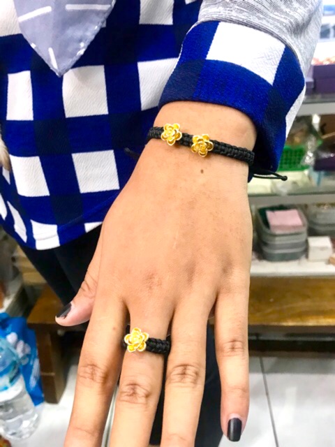 Satu set gelang dan cincin wanita / gelang rajut bunga lapis emas / replika emas / gelang