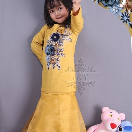 setelan baju anak perempuan muslim j&amp;y mustard size 2-7y