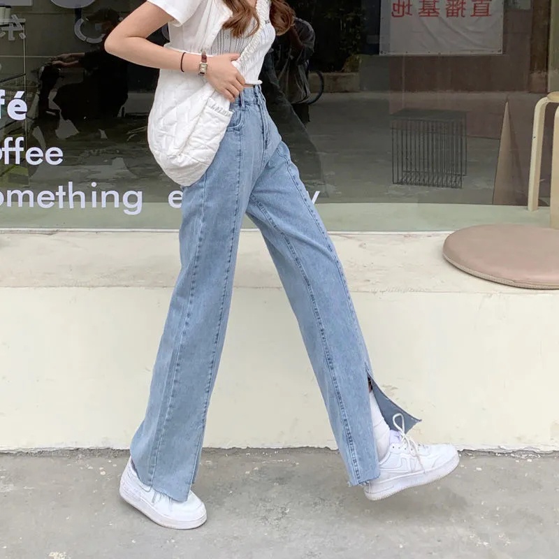 【LULU】korean style new Perpecahan biru muda highwaist Loose Slit celana jeans wanita