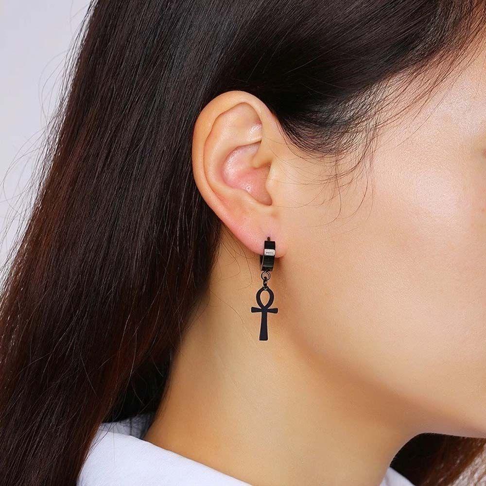 Mxbeauty Cross Hoop Earrings Pria Kepribadian Mesir Hieroglyphs Hiphop Punk Baja Titanium Fashion Perhiasan