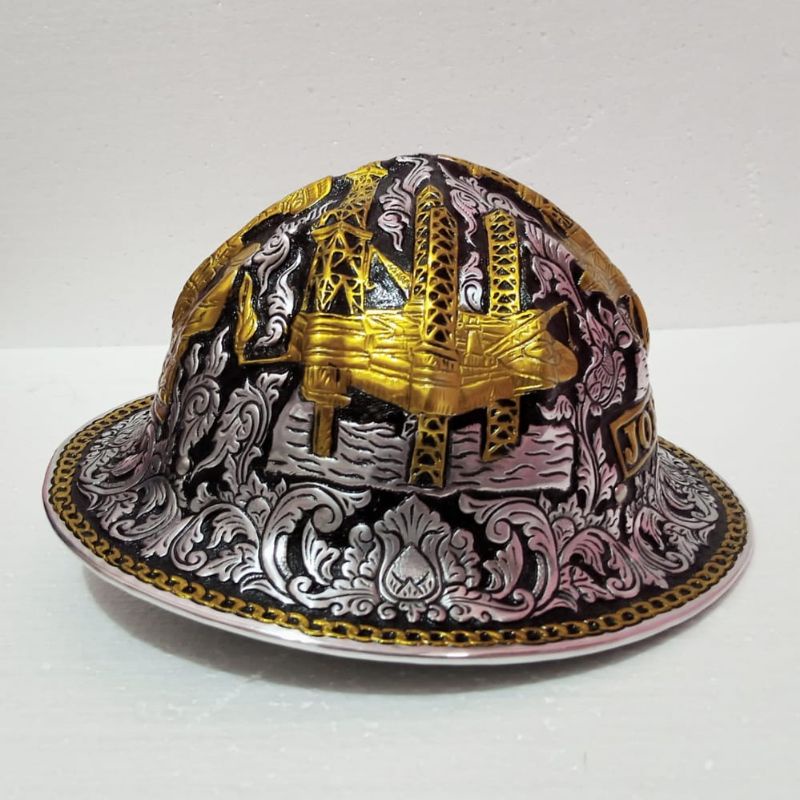 Helm Ukir tambang premium, lapis emas+lapis perak, helm ukir pertamina