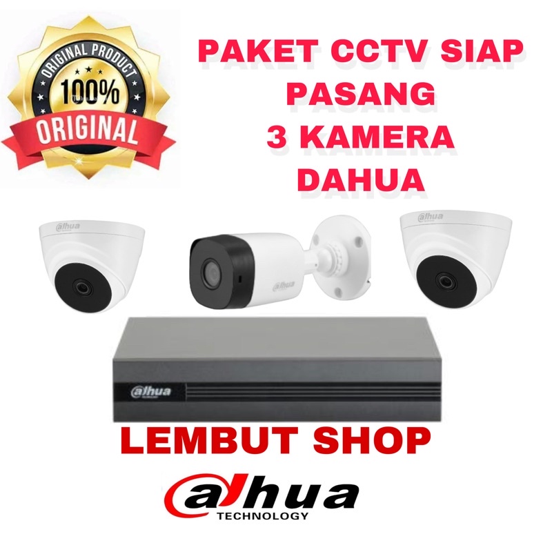 PROMO PAKET KAMERA CCTV DAHUA 2MP 3 CAMERA 4 CH CHANNEL 1080p FULL HD KOMPLIT SIAP PASANG 4ch 4channel bisa online di hp 2 mp megapixel MURAH