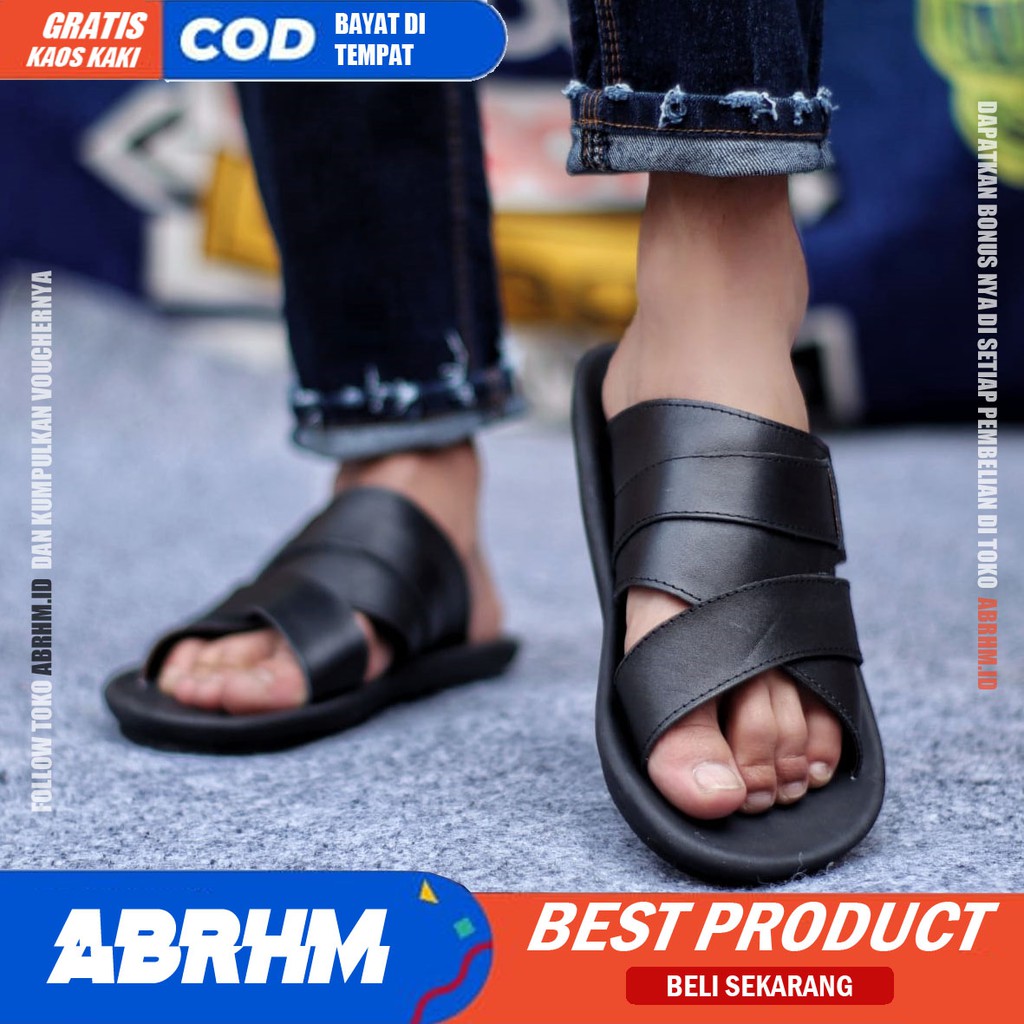 ABRHM x EXCO Sandal Slide Pria Sandal Slop Pria Kulit Asli Sendal Selop Cowok / Cowo Ori Kekinian