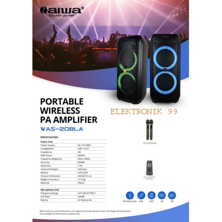 Speaker Portable Aiwa Was-208LA Double Woofer 2x8 inch Super Bass New ORIGINAL