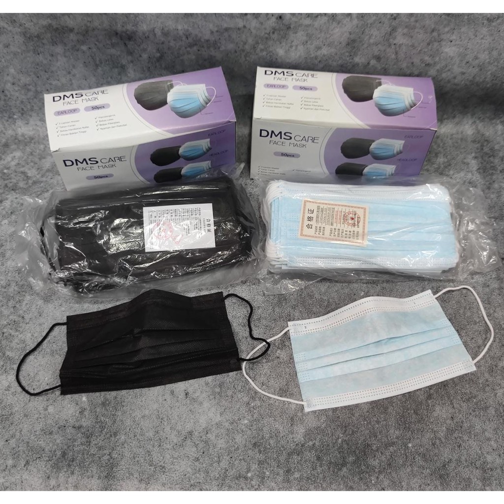 DMS CARE - MASKER 3PLY EARLOOP DMS DISPOSABLE MASK - BIRU HITAM ISI 50 PC