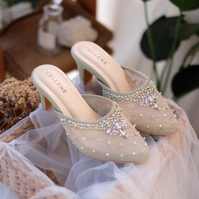 𝗖𝗘𝗟𝗟𝗘𝗡𝗘 Iseul Beads Heels 5warna | Wedding shoes 7 cm selop brokat payet pengantin