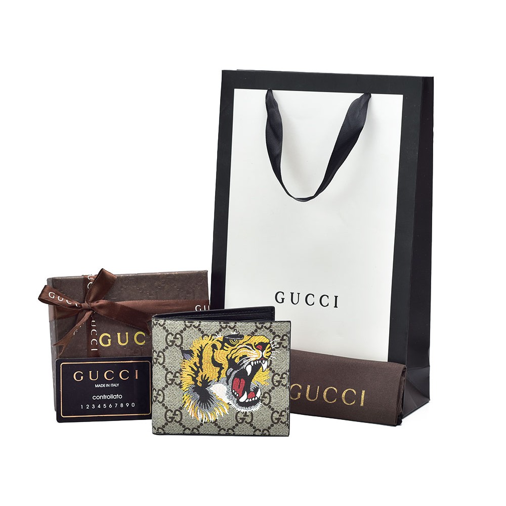 Box Dompet Cowok Pendek Gucci Bi Fold Supreme Gg Print Tiger Macan Kulit Asli Ori Leather