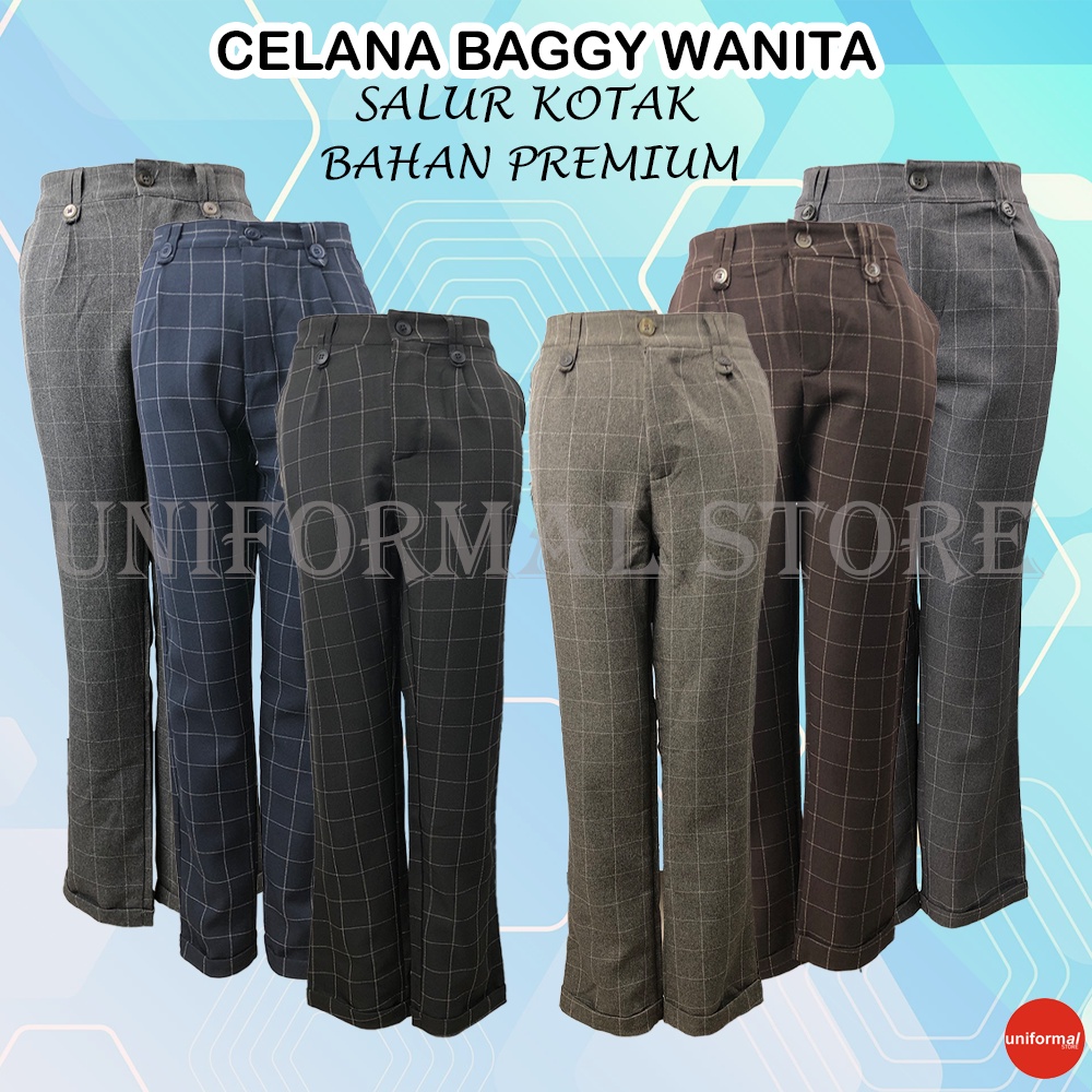 Celana Bahan Wanita, Celana BAGGY Motif Kotak, Celana Tartan Wanita, Pinggang Karet M dan XL