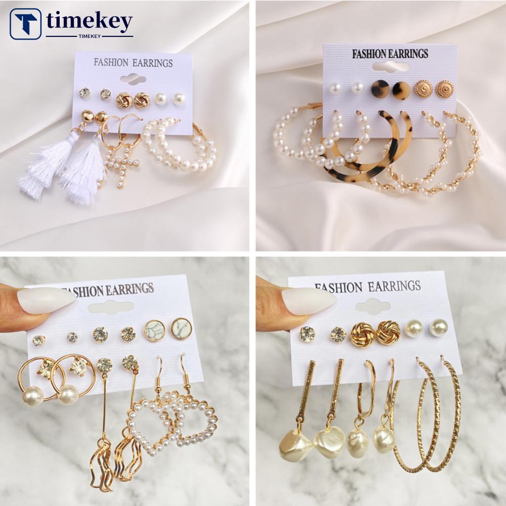 Timekey 6pcs / Set Anting Bulat Emas Wanita Hias Mutiara + Berlian Imitasi Gaya Vintage A1K4