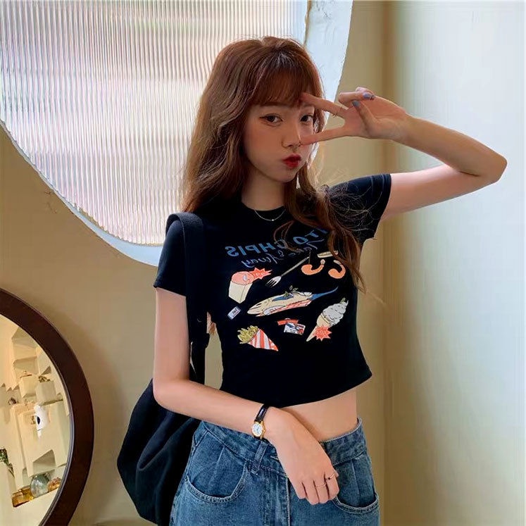 T-shirt pendek pinggang tinggi cropped pusar wanita ramping super api lengan pendek atas gaya Hong K