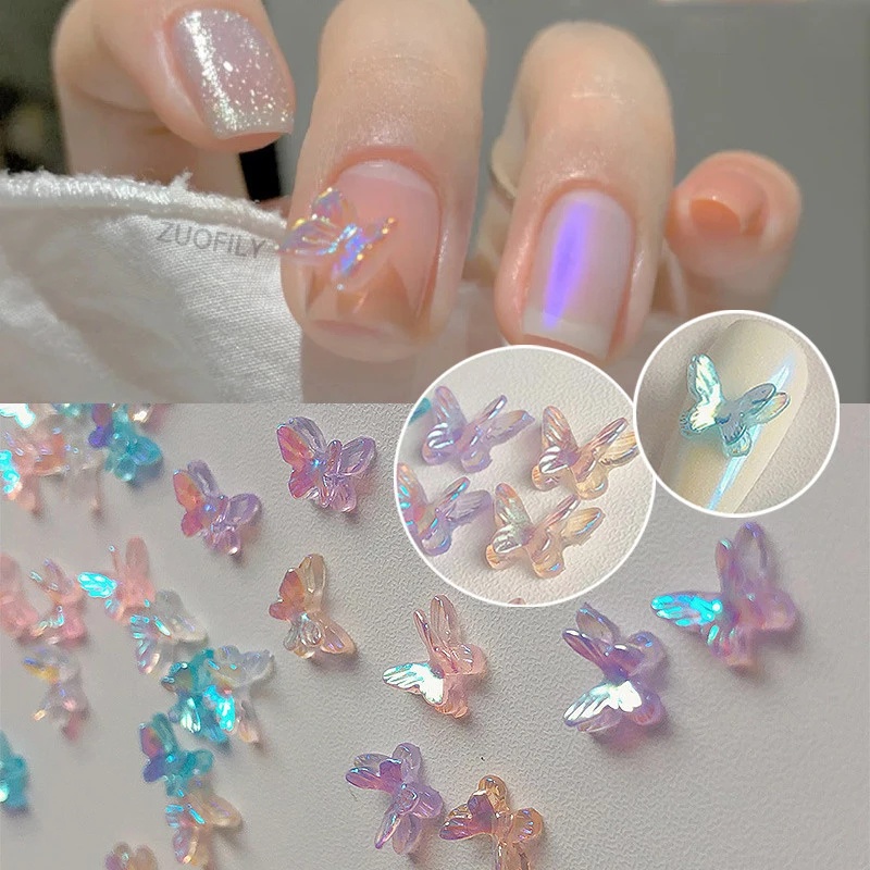 10pcs Stiker Kupu-Kupu 3D Aurora Glitter Dua Lapis Warna-Warni Untuk Dekorasi Nail Art