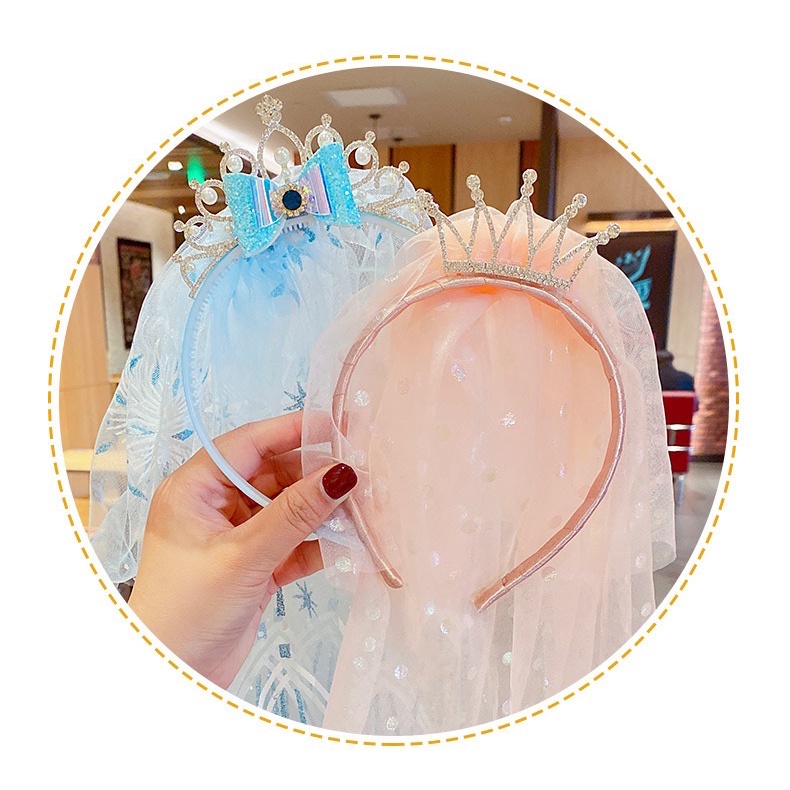 Bando Anak Perempuan Desain Bordir Snowflake Mahkota Simpul Pita Mesh Gaya Princess Frozen