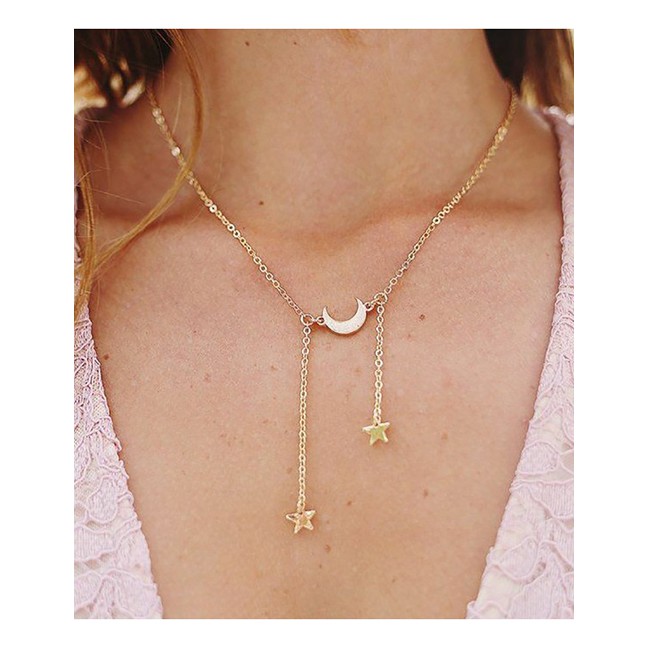 LRC Kalung Fashion Gold Coloren Moon And Five-pointed Star Pendant P25097