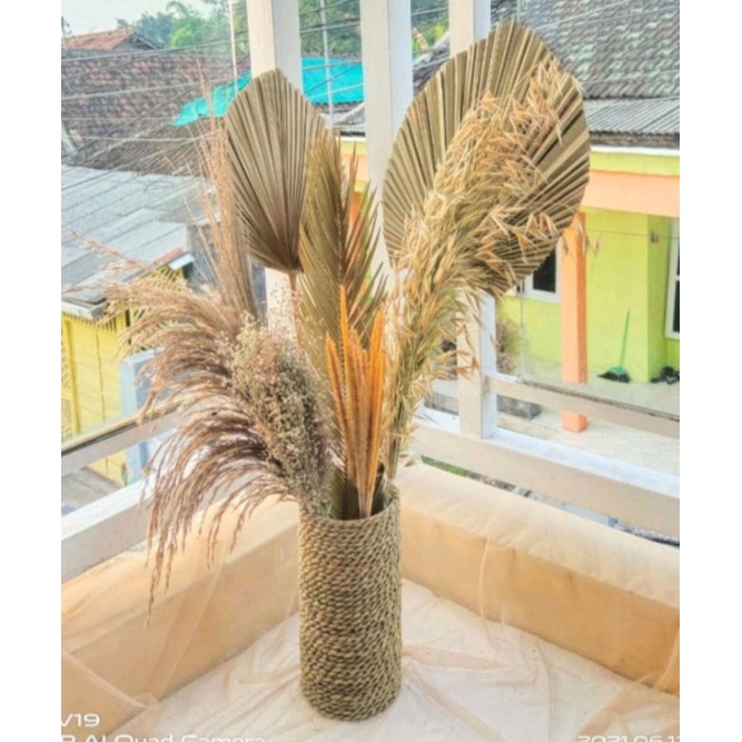 paket lengkap bunga kering dekorasi rustic/ daun palem kering/ pampas bulu