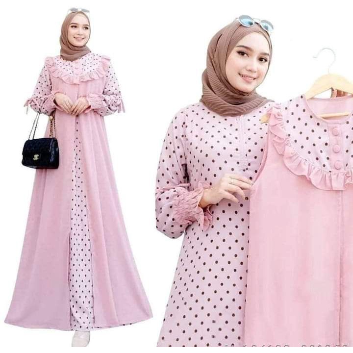 Gamis Kimiko Polka BAHAN MONALISA SET GAMIS KOMBI ROMPI VEST CARDIGAN PANJANG YANG BISA DILEPAS GAMI