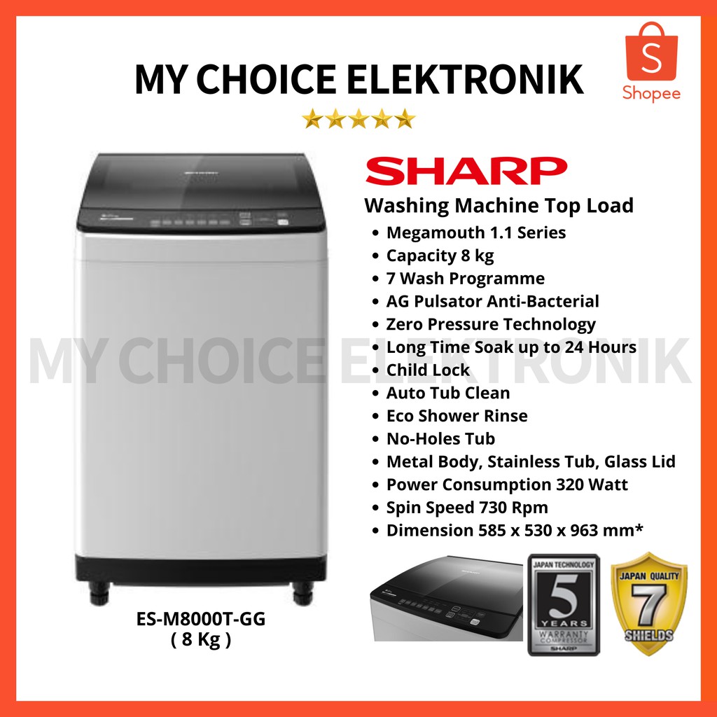 Sharp Mesin Cuci 8Kg ES-M8000T-GG (Top Load)