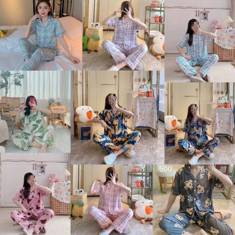 RULIF Baju tidur wanita / Piyama Cp baju tidur wanita krah pendek import kotak freesize